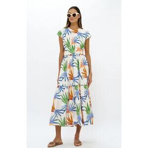 OLIPHANT Tuckernuck Cap Sleeve Midi Dress Fortuna Green Palm Print Cotton S